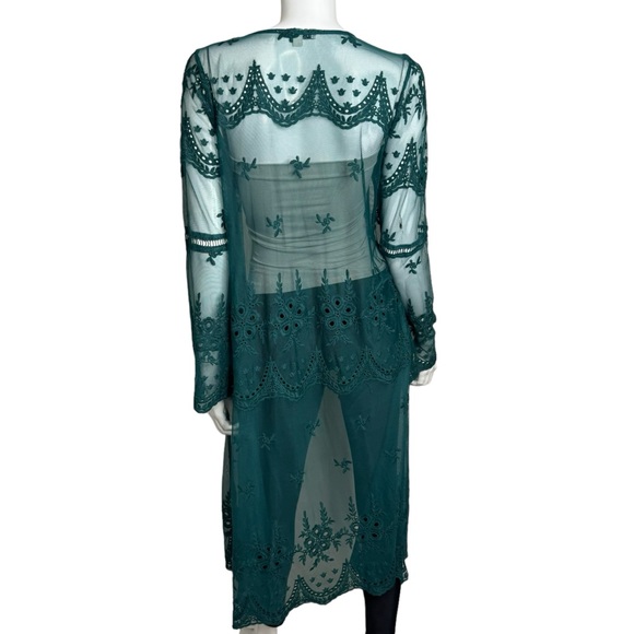 Haute Mode Mesh Embroidered Lace Long Sleeve Teal Cardigan - Picture 7 of 9